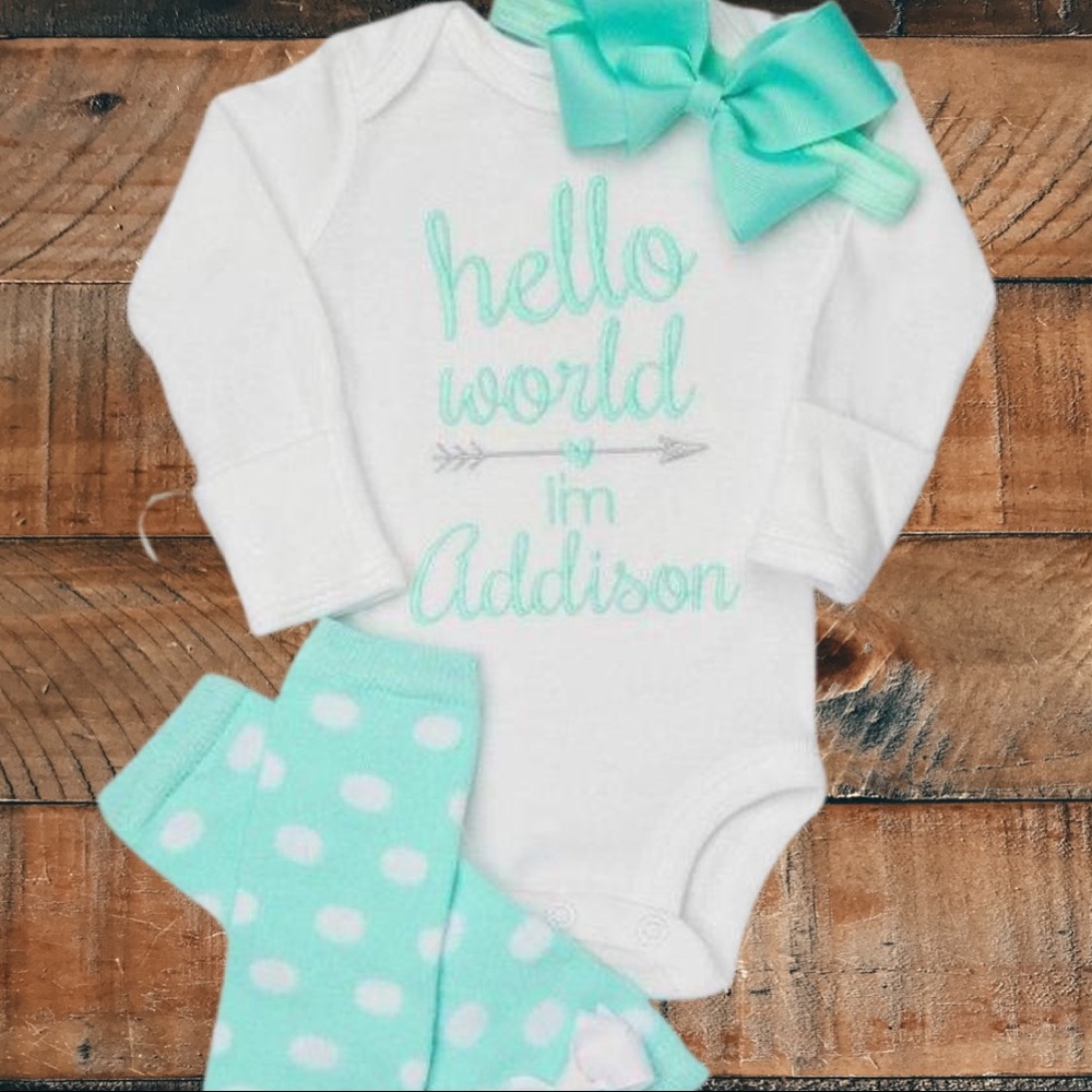 "Hello World" Aqua and Gray Baby Girl Leg Warmer and Personalized Bodysuit Set